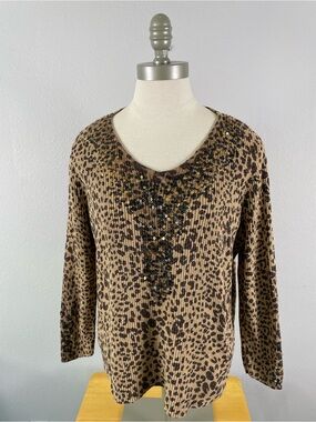 Chico's Beige & Brown Leopard Print Scoop Neck Sweater with Sequins Size XL (3)